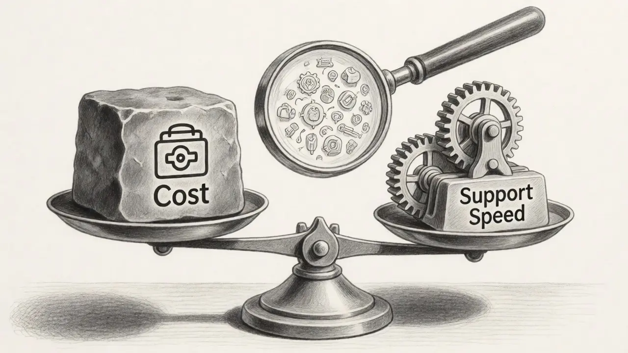 Scales balancing cost and speed factors under a magnifying glass in metalpoint art.
