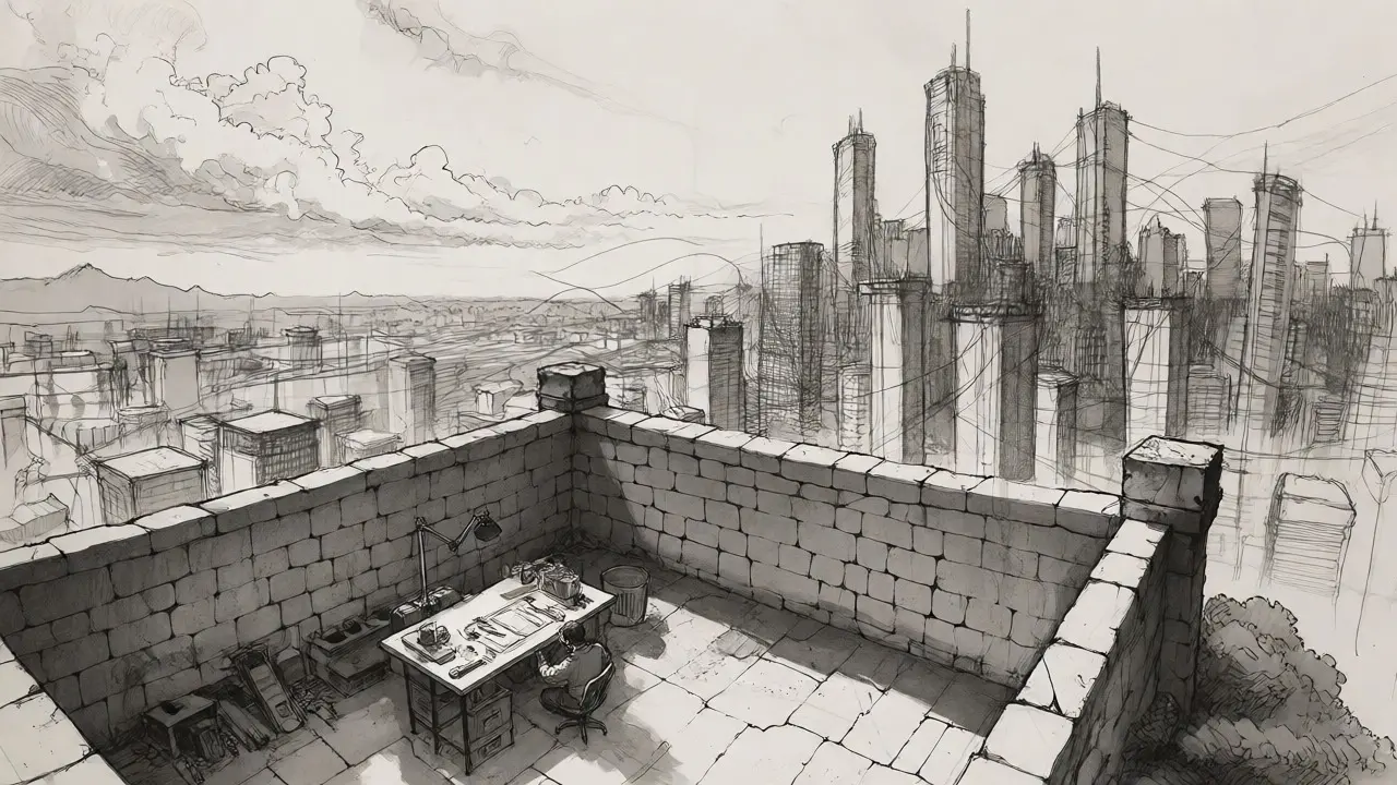 Secure workshop inside walls contrasting with distant chaotic cityscape for data privacy
