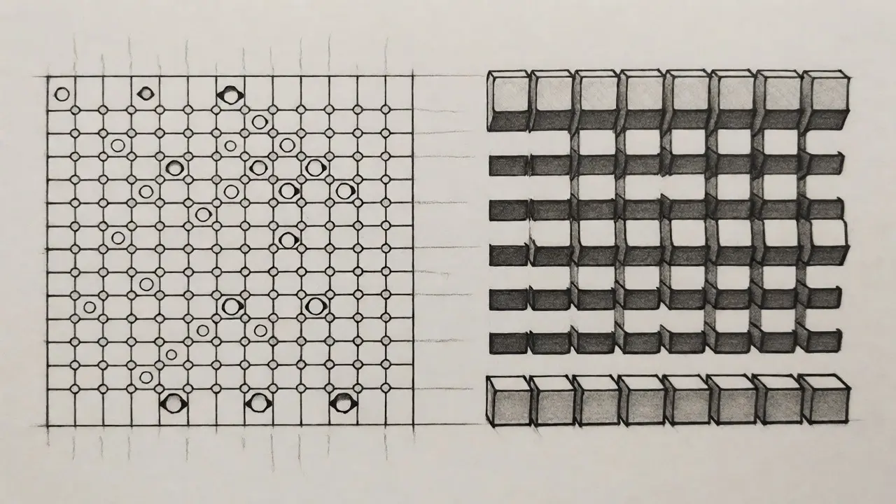 Sketch comparing random weight removal vs structured layer pruning in neural networks.