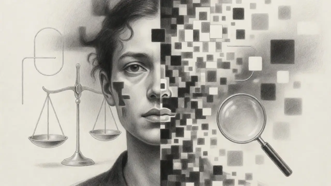 Surreal metalpoint portrait blending realistic features with digital pixel noise