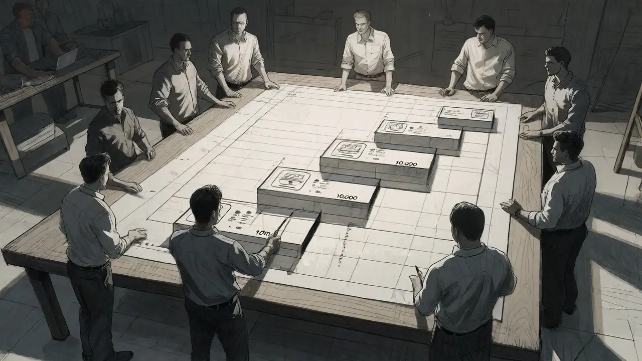 Team reviewing phased scaling blueprint with attention to detail in metalpoint illustration