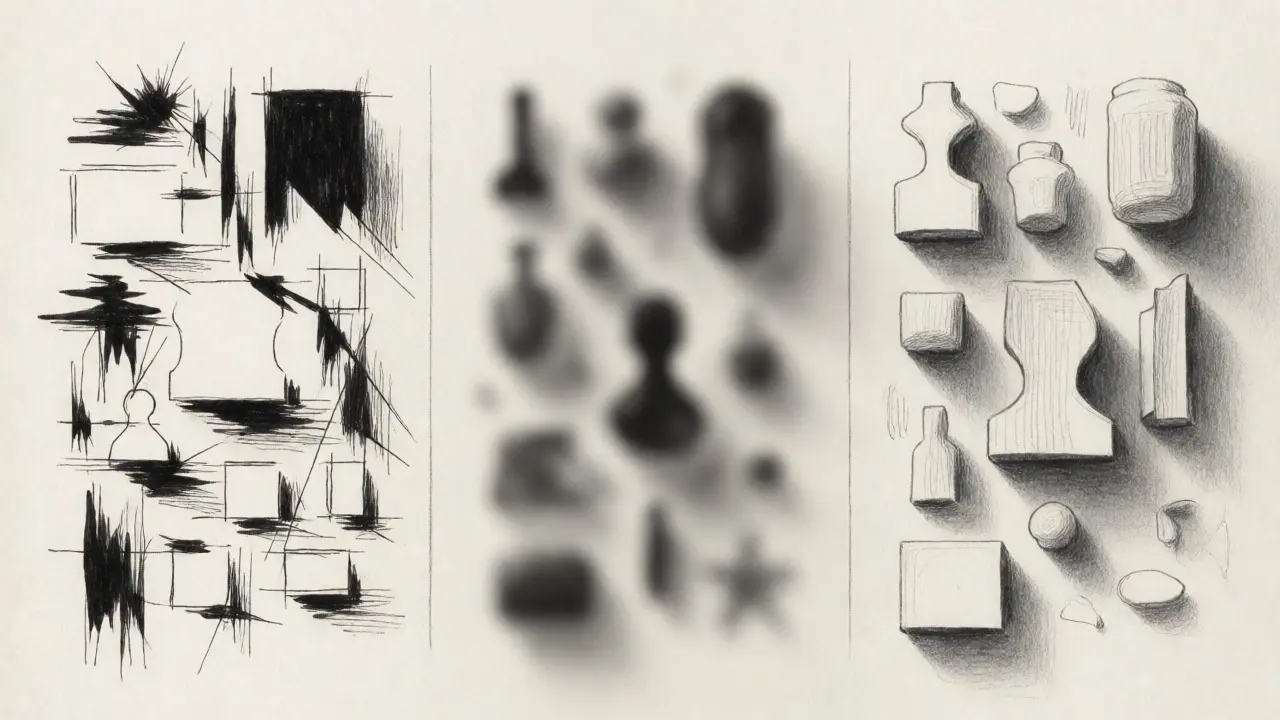 Three-column metalpoint illustration demonstrating redaction, abstraction, and retention techniques.