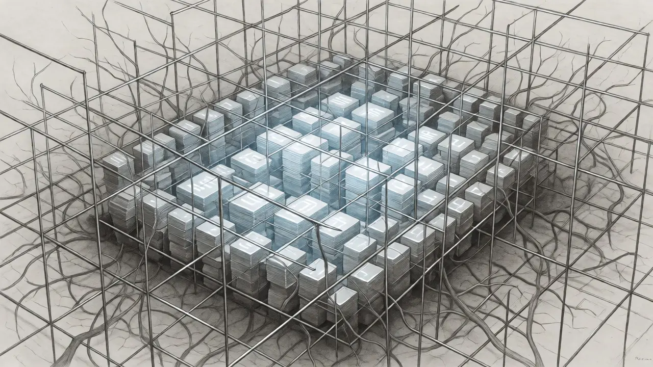 A metalpoint sketch of a structured framework containing data blocks amidst wild vines.