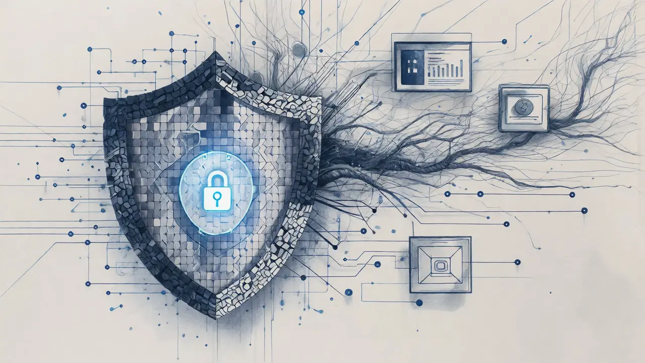 Abstract digital shield protecting data nodes with intricate line art.