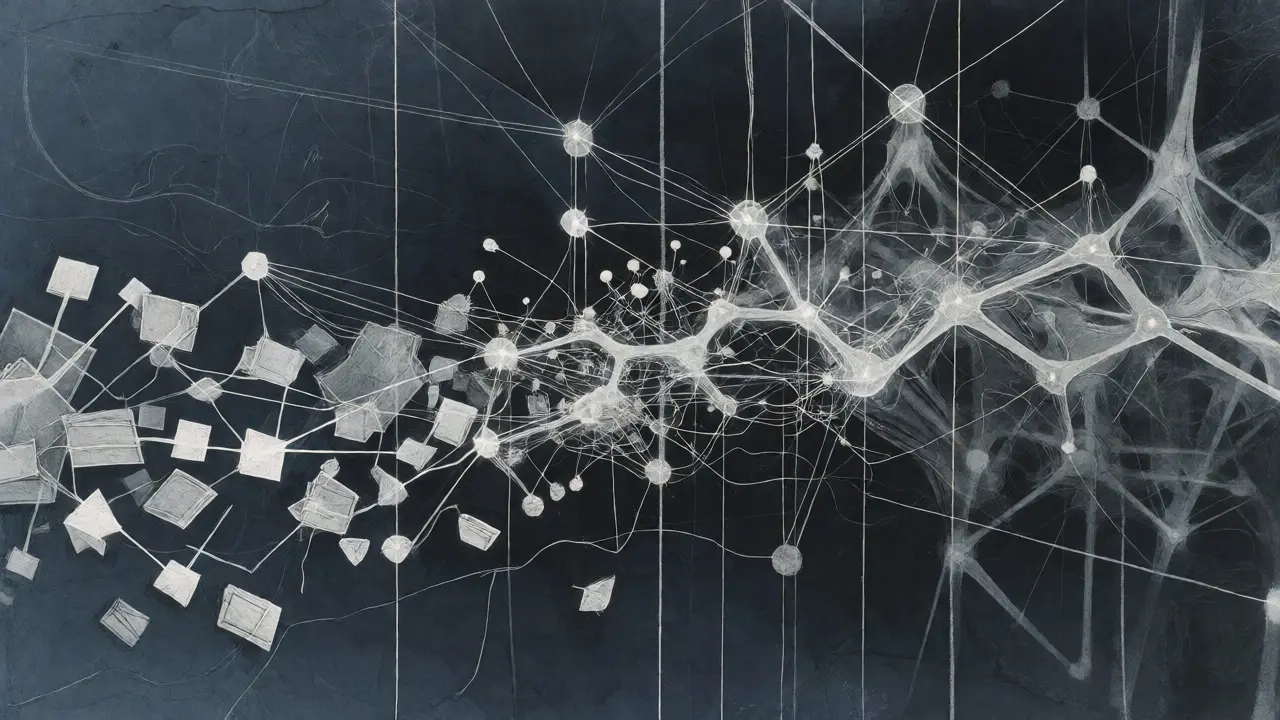 Abstract metalpoint drawing of neural networks filtering noisy data fragments into clear signals.