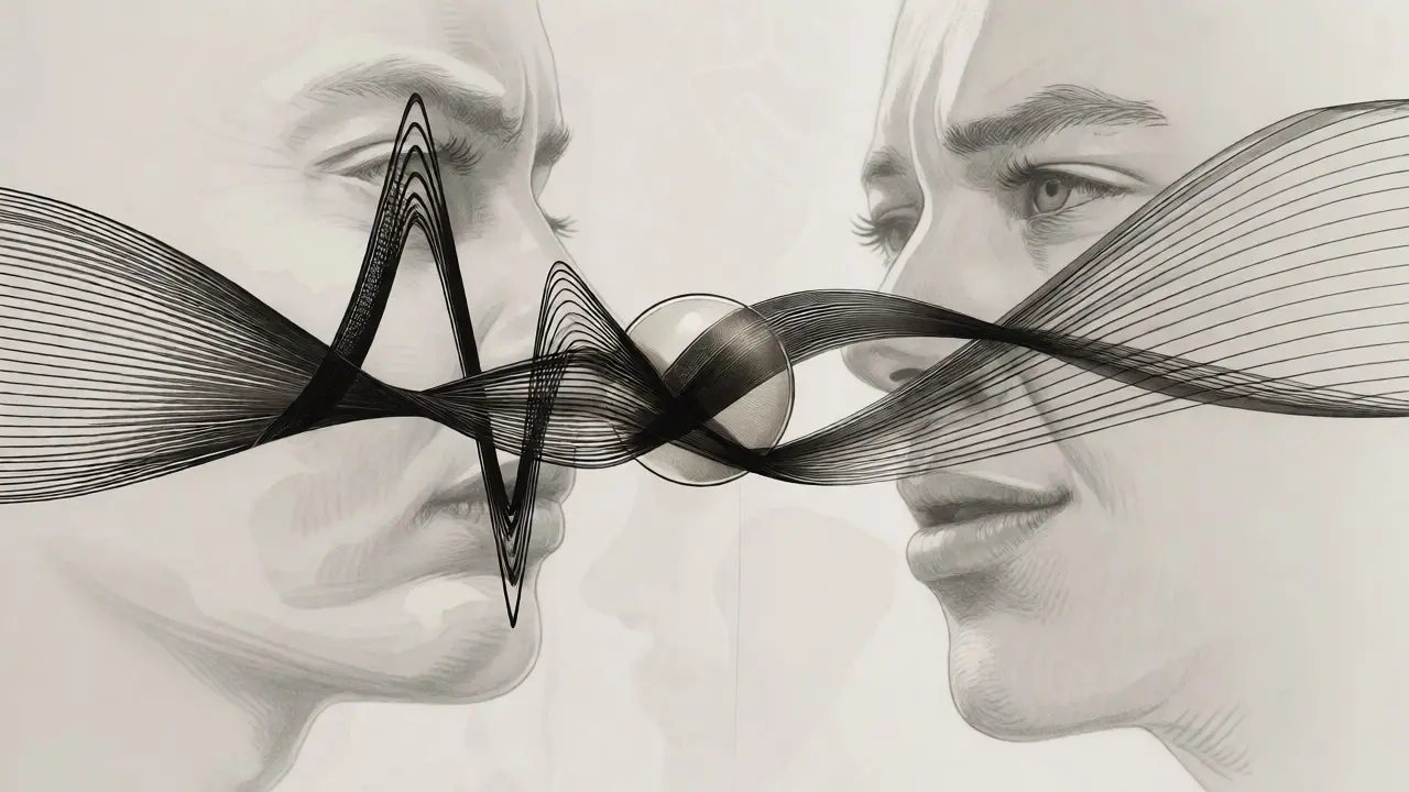 Abstract ribbons visualizing nuanced sentiment trajectories like frustration and relief.