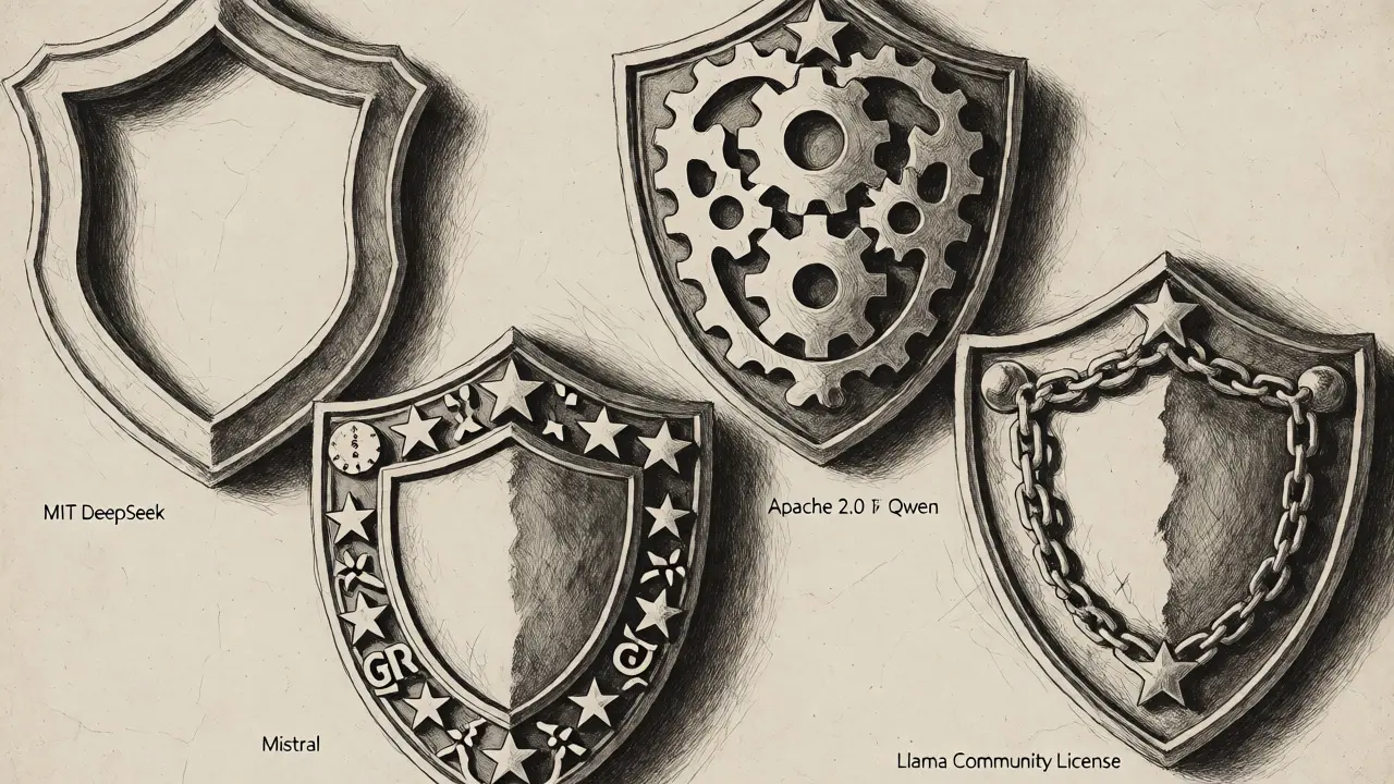 Abstract shields illustrating various open-source LLM licenses and legal constraints