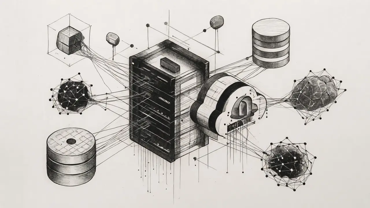 Abstract visualization of GenAI infrastructure and data integration layers.
