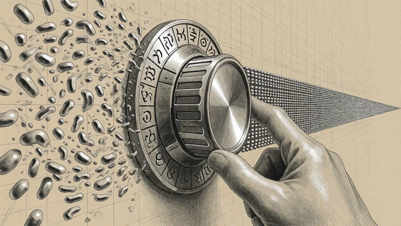 An illustration of a dial controlling the flow from chaotic particles to ordered streams.