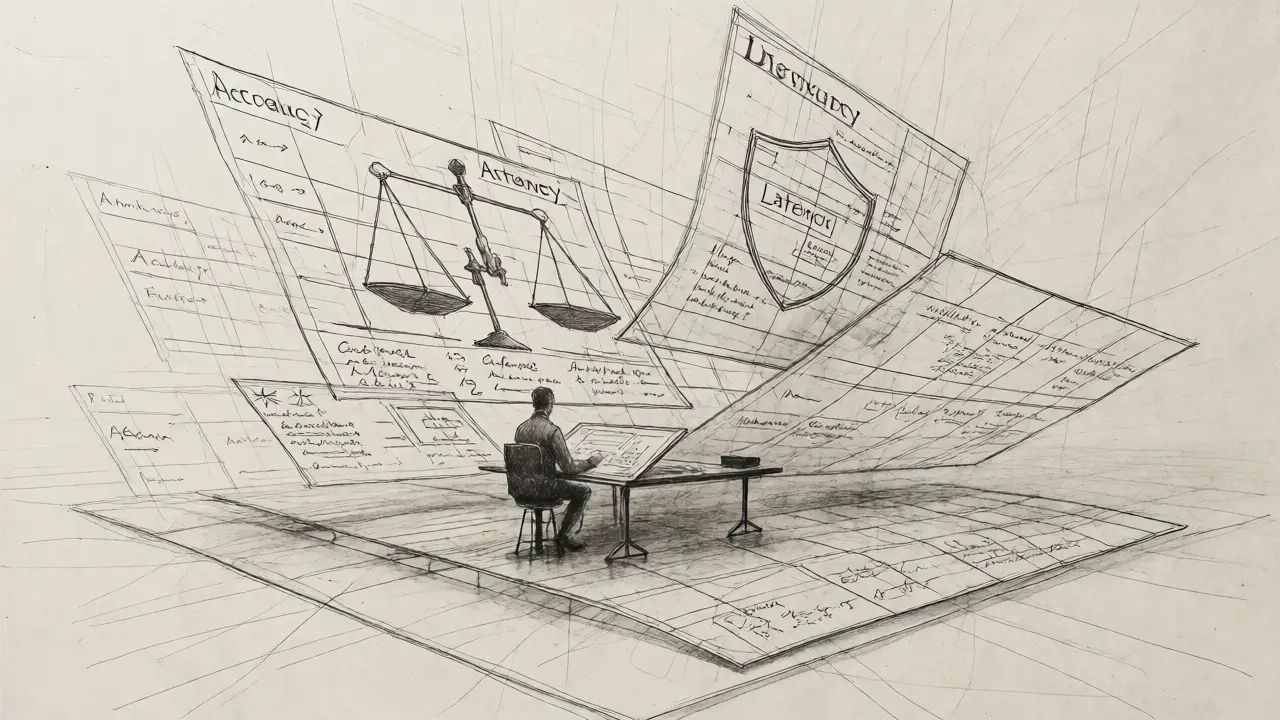 Architect reviewing layered AI decision logs and trade-offs