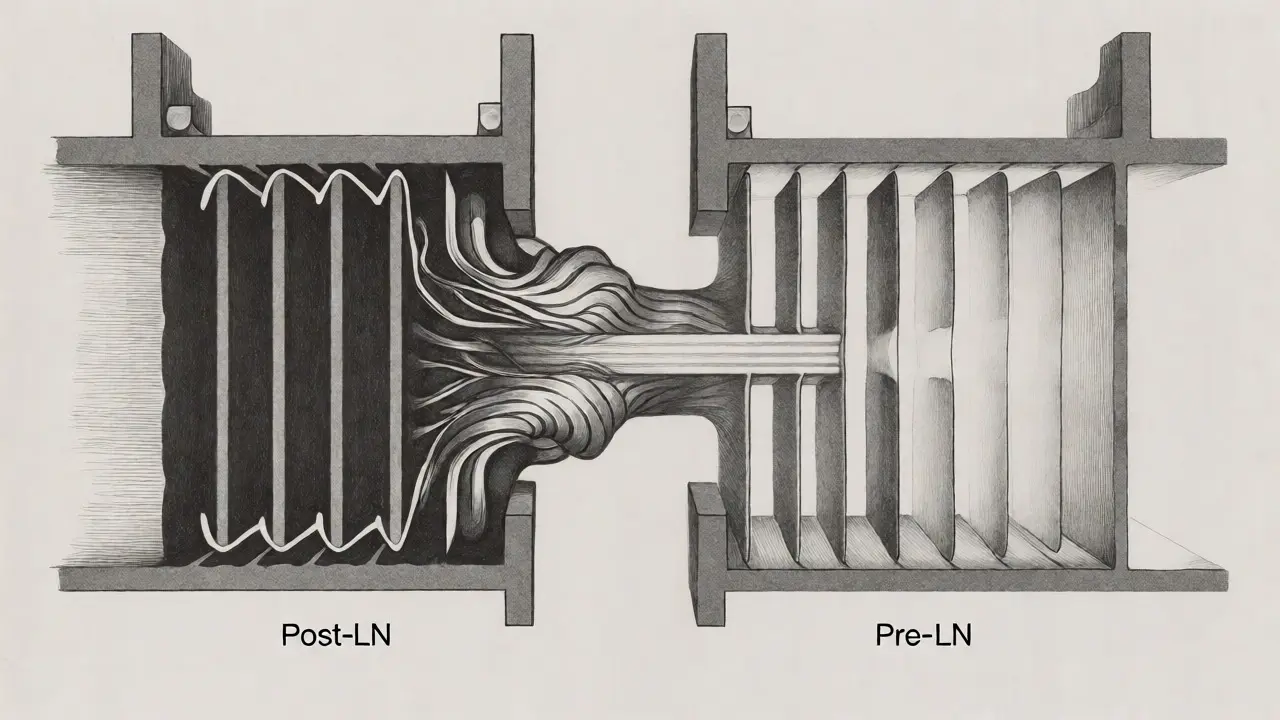 Comparison of tangled Post-LN vs clear Pre-LN gradient paths in metalpoint art