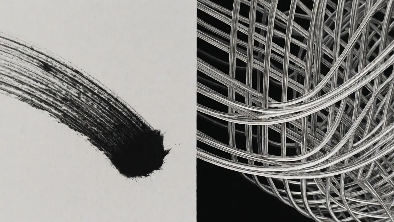 Contrast between a single rough stroke and a dense web of fine lines.