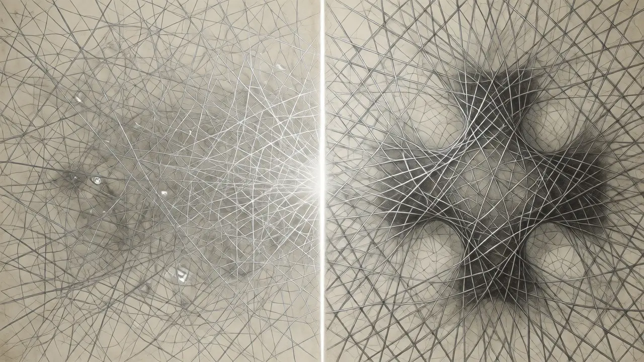 Contrast between tangled generalist AI threads and focused specialized AI patterns