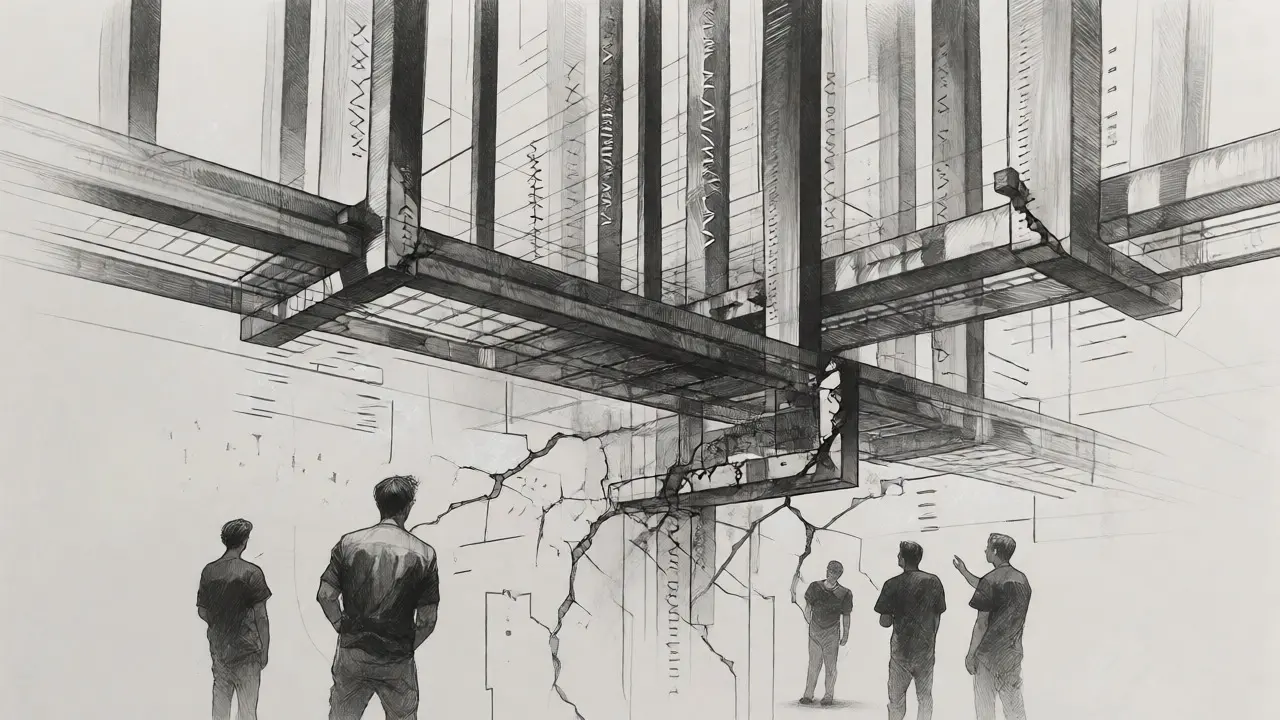Cracked digital architecture revealing hidden bugs in AI code, drawn in metalpoint style