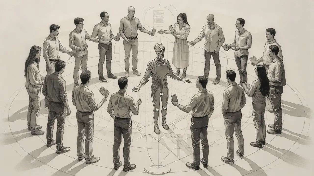 Cross-functional team circle sharing knowledge with a central abstract AI figure.