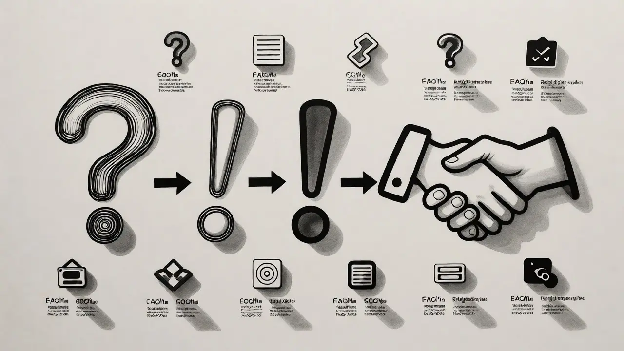 Customer intent evolving from inquiry to resolution with automated support icons.