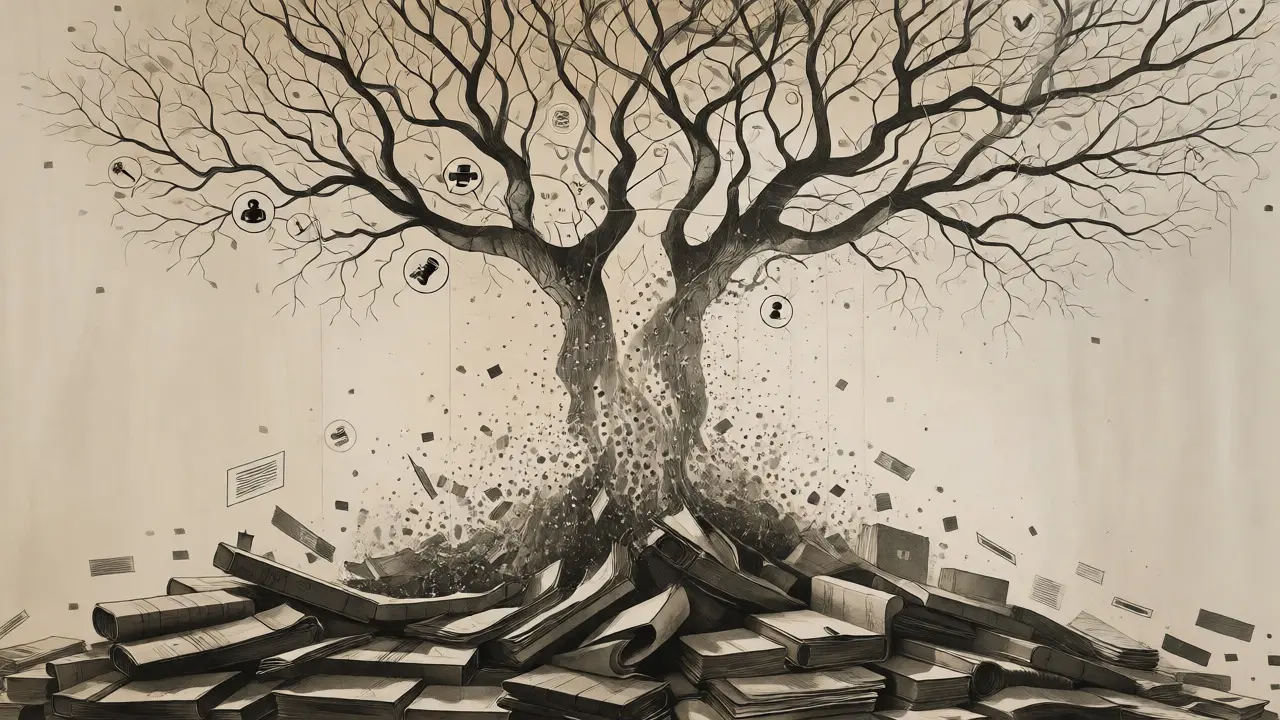Data particles rising from archives into a structured knowledge tree