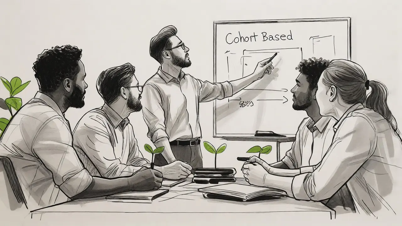 Diverse team collaborating around a table during a hands-on AI upskilling session.