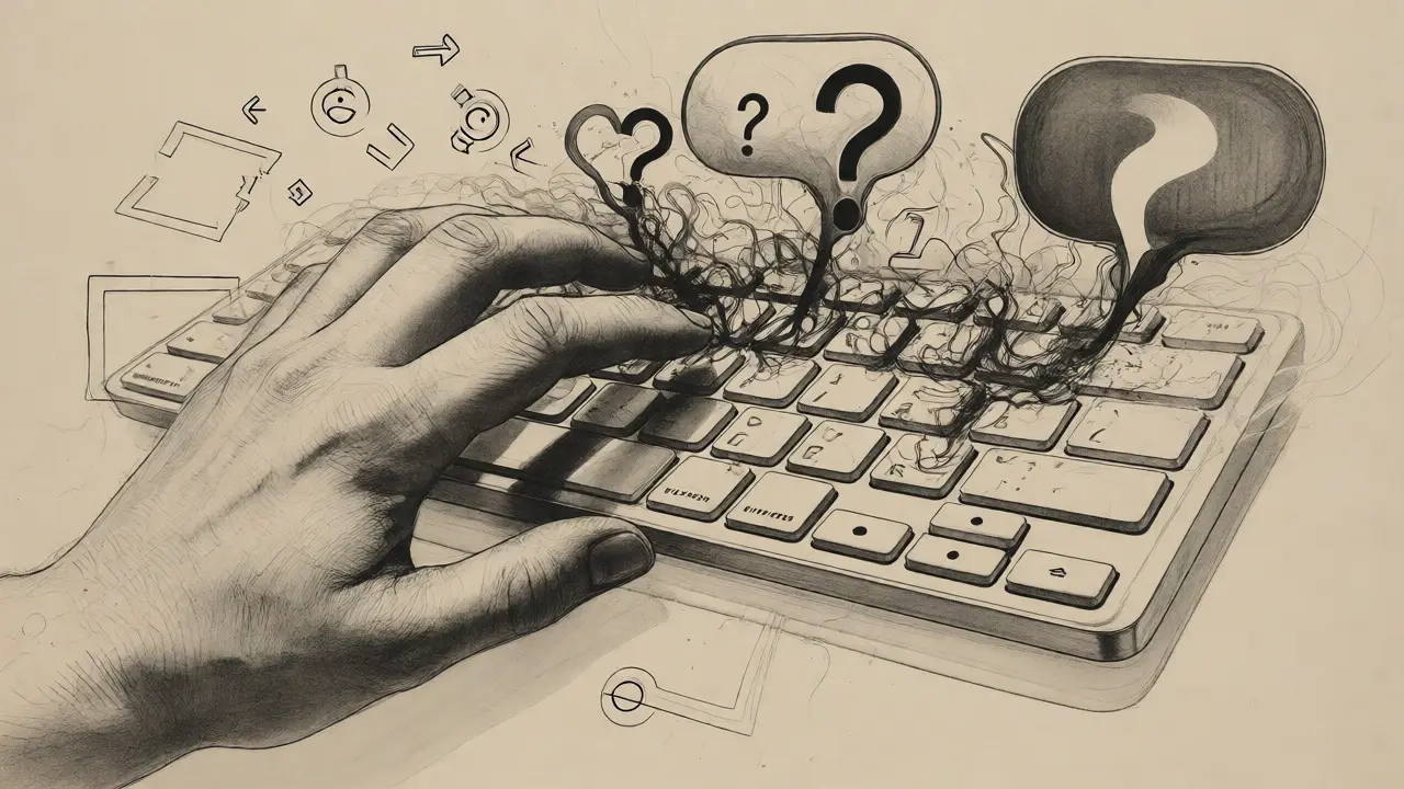 Hand using a keyboard where keys dissolve into chaotic digital noise, metalpoint art.