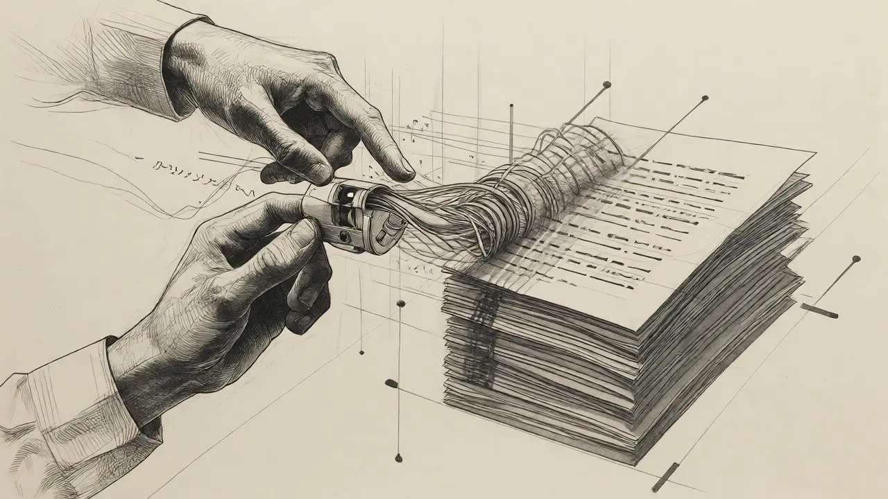 Hands merging tangled data streams into neat stacks via automated workflow in metalpoint sketch