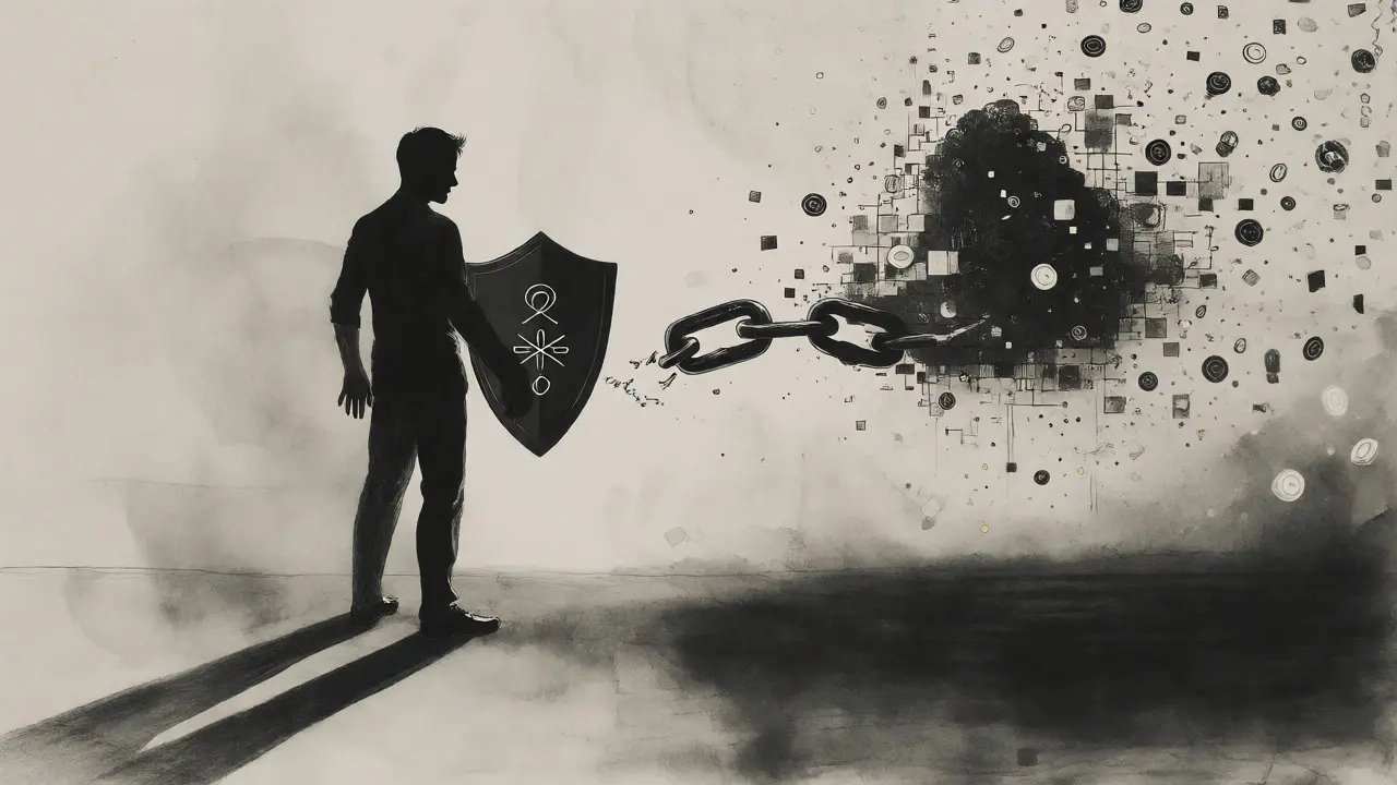 Human developer facing an AI entity across a broken chain, illustrating liability issues