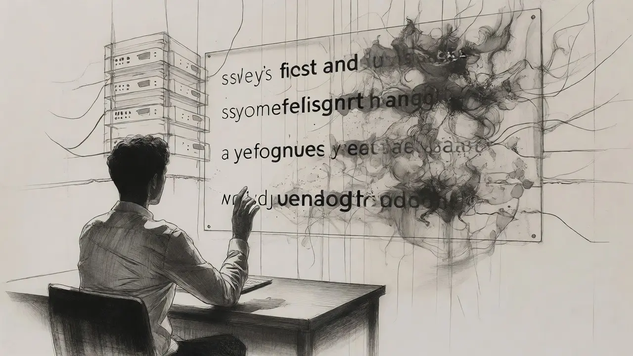 Illustration of a user watching AI text stream with dissolving hallucinations.