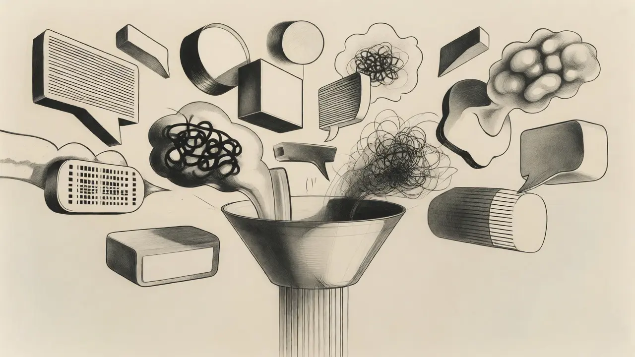 Illustration of varied input shapes merging into uniform lines through a central funnel structure.