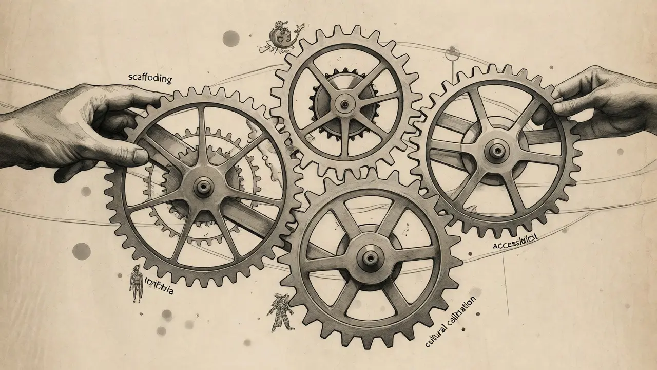 Interlocking gears representing the IPEM framework in a detailed metalpoint sketch.