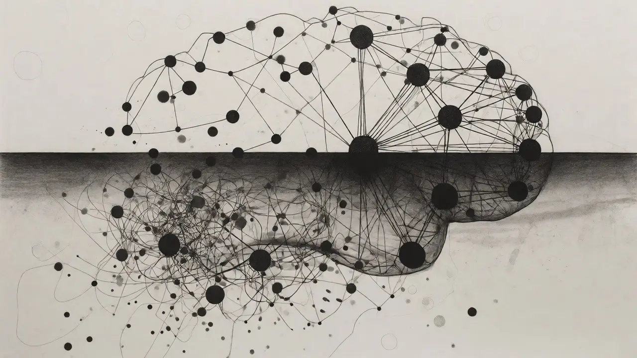 Metalpoint artwork depicting chaotic data below a threshold transforming into organized knowledge clusters above.