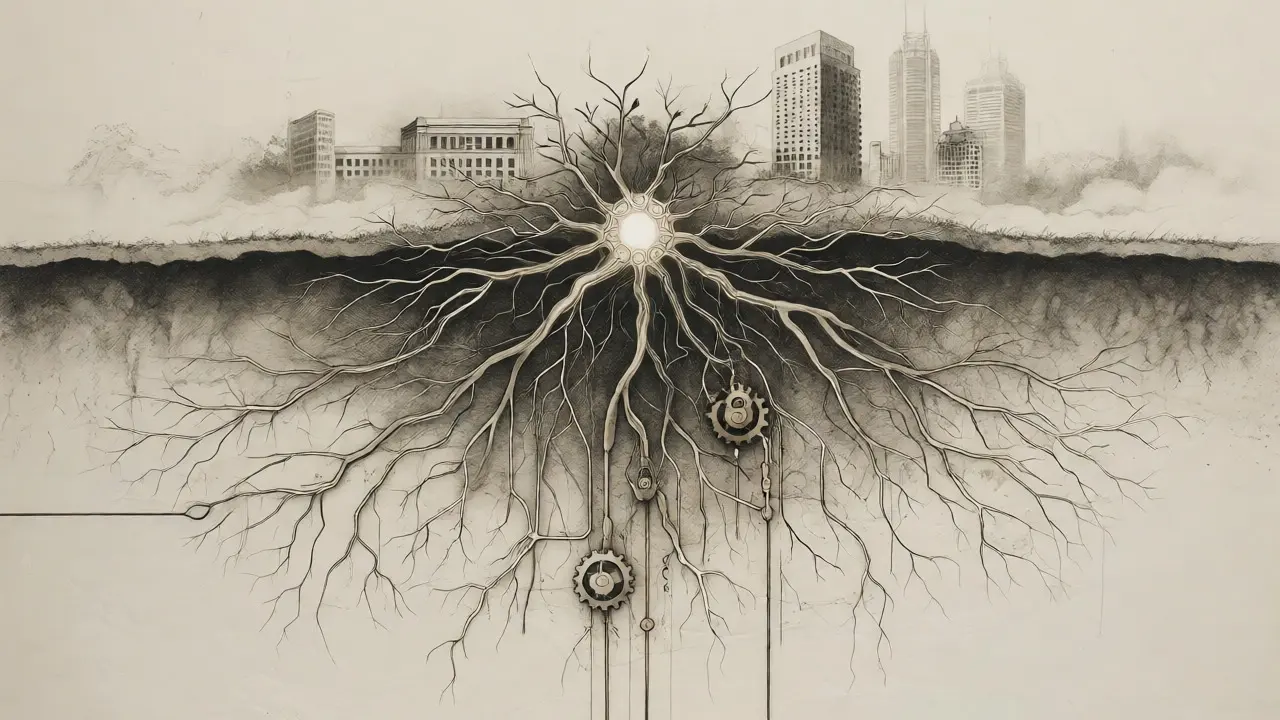 Metalpoint drawing of a neural network root system extending into layered soil with embedded security locks.