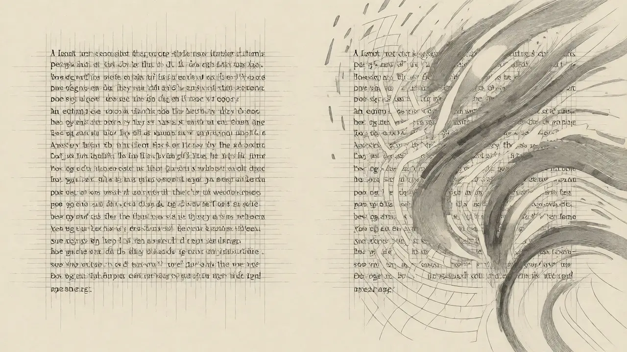 Metalpoint drawing showing text watermarks dissolving under editing forces.