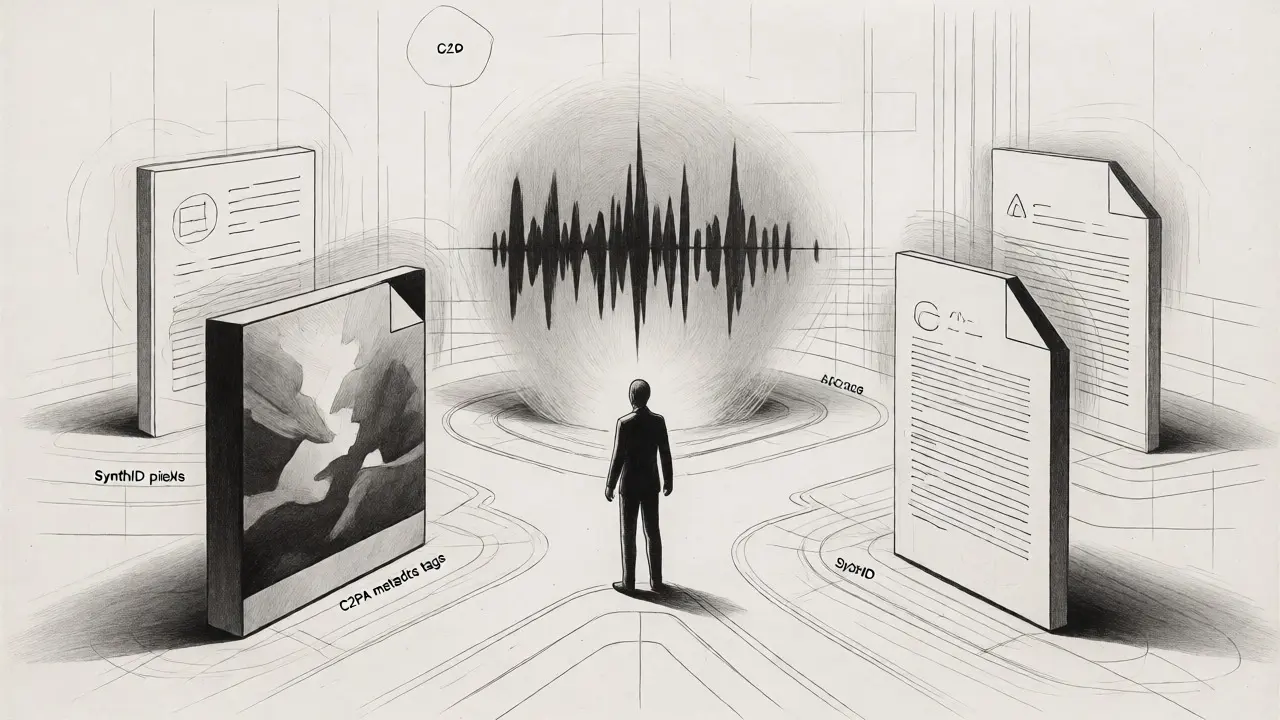 Metalpoint illustration of media files with verification auras at a crossroads.