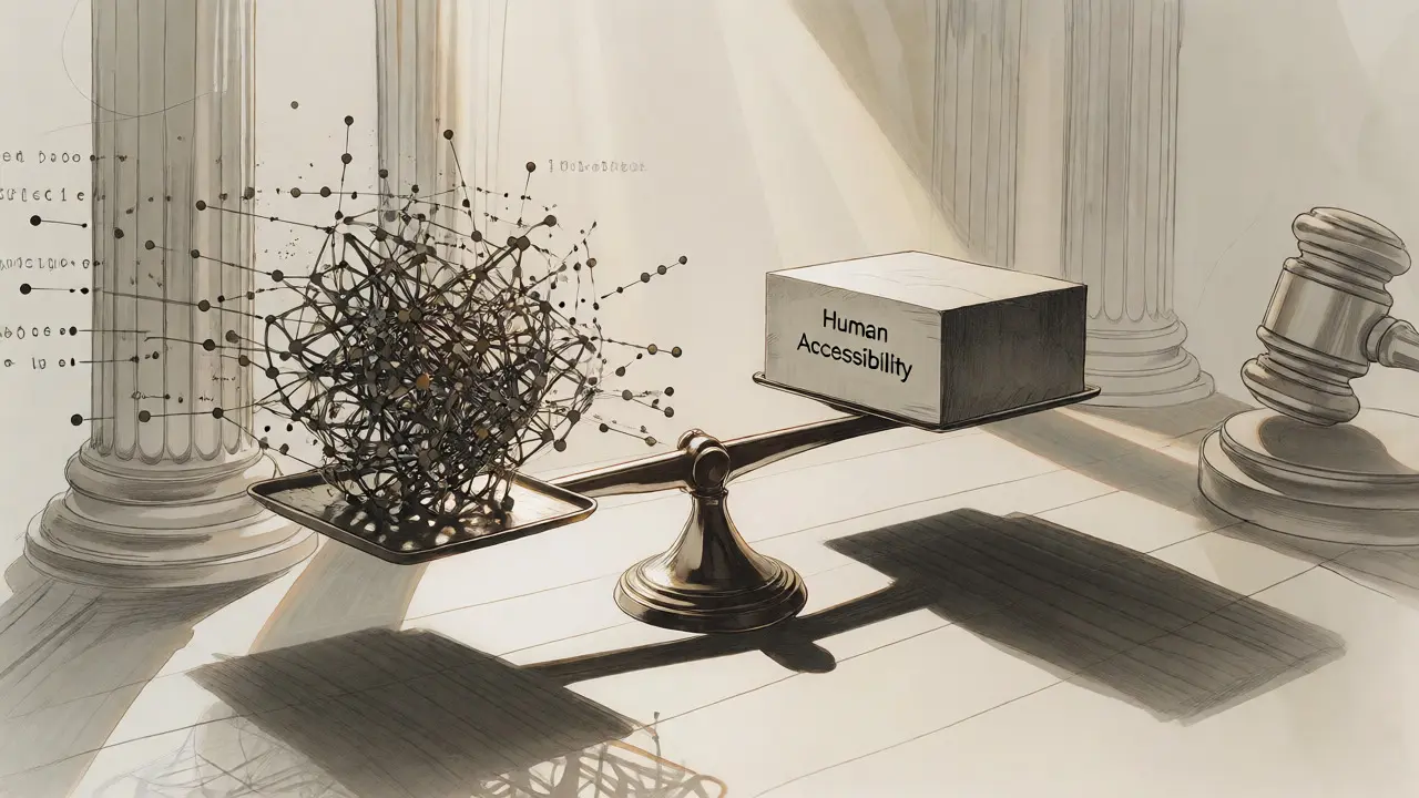 Scales balancing complex AI code against human accessibility needs in metalpoint.