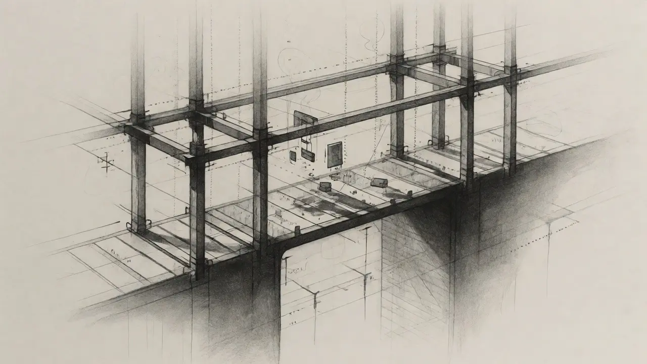 Secure architectural framework containing digital components in metalpoint illustration