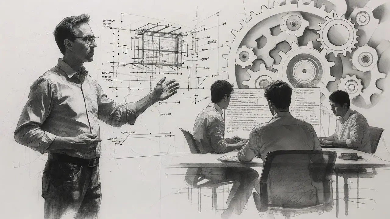 Senior architect guiding team while AI automates routine tasks
