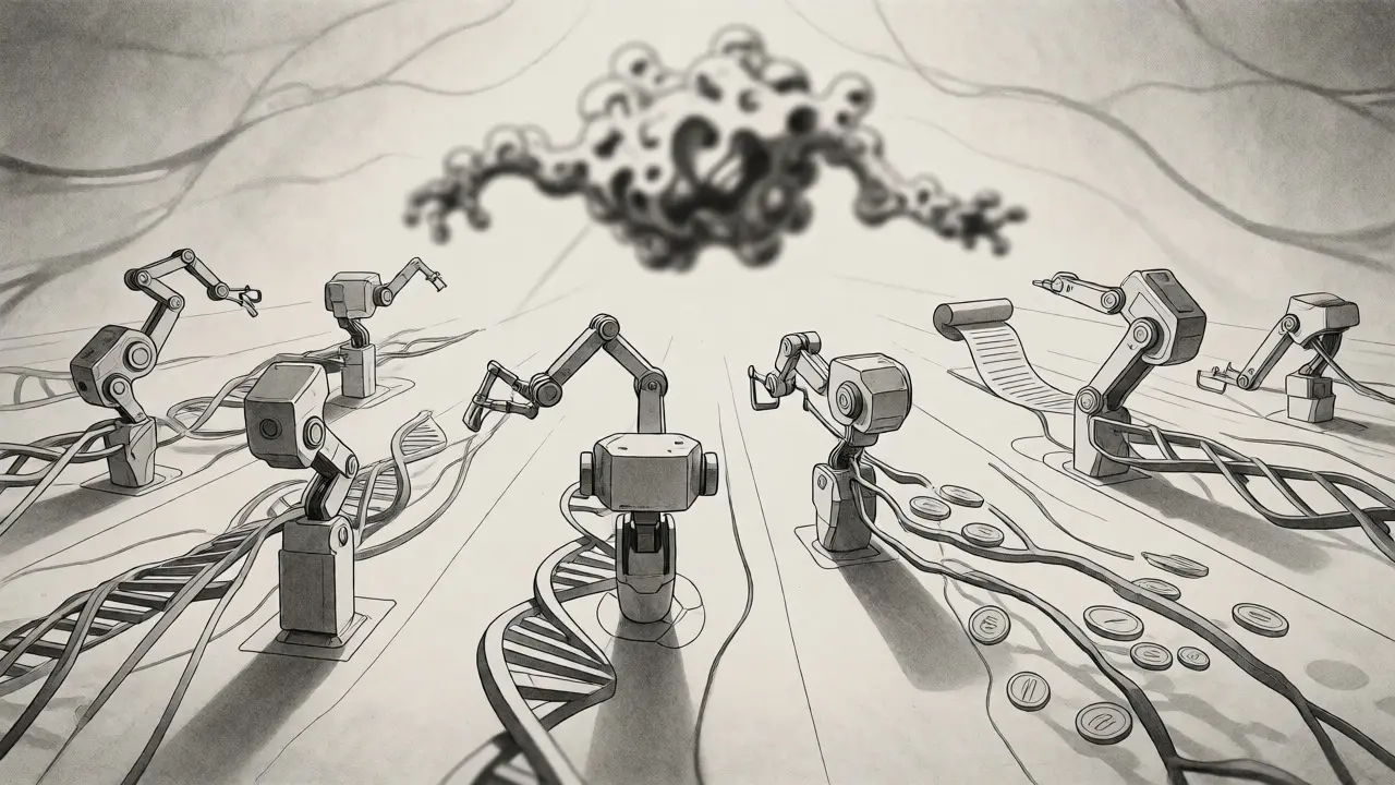 Specialized AI robots working on specific tasks beneath a blurry generalist cloud