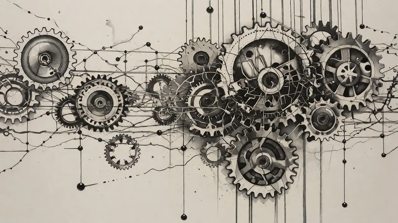 Tangled digital gears representing architectural chaos and tech debt
