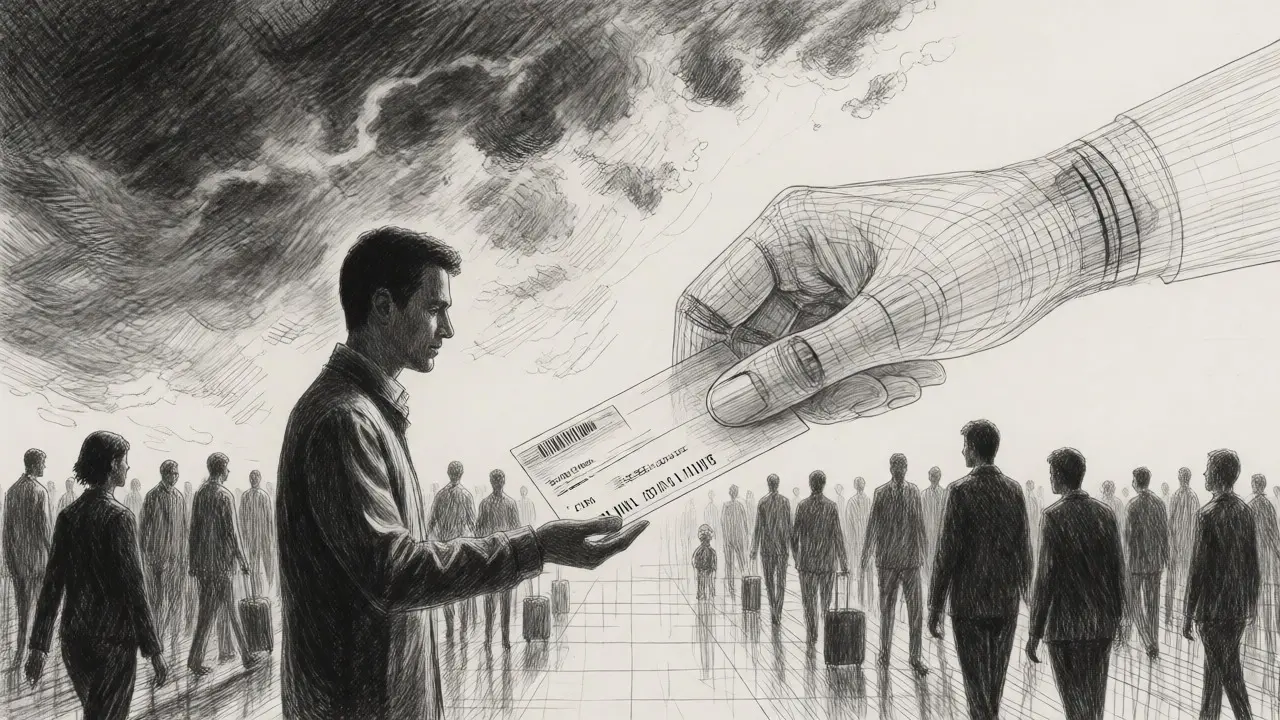 Traveler receiving a rebooking solution from a wireframe AI hand amidst stormy airport backdrop.