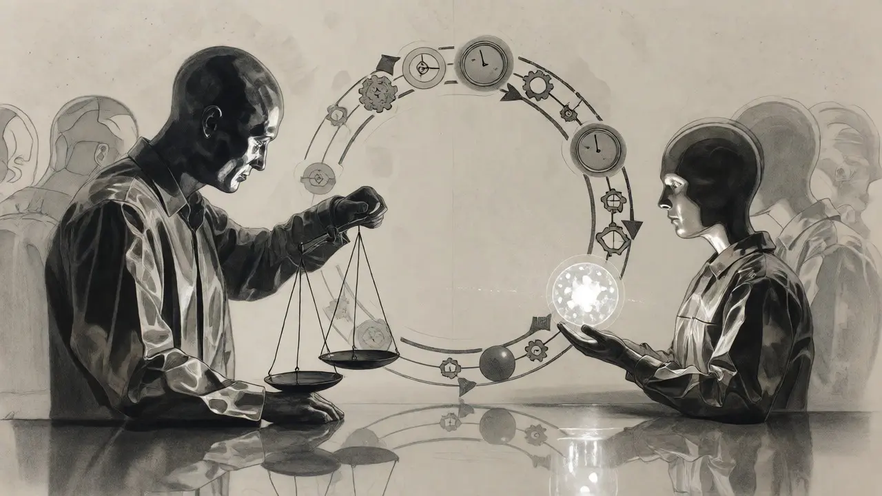 Two AI figures comparing outputs with a cycle of continuous updates.