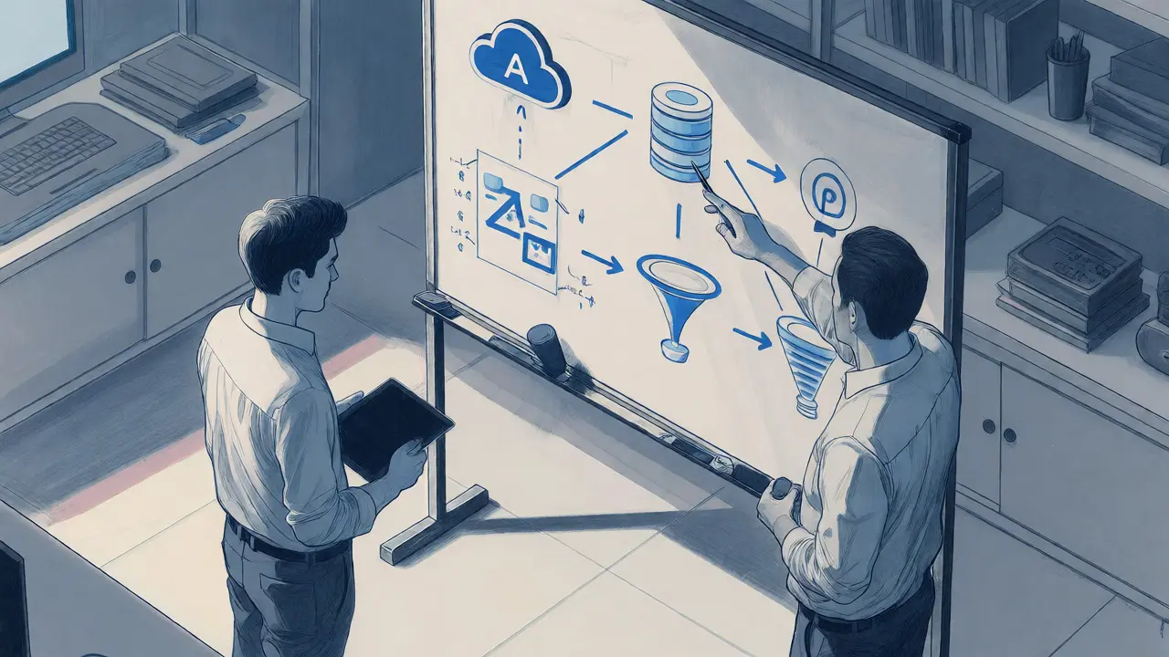 Two professionals discussing a workflow diagram on a whiteboard in an office.